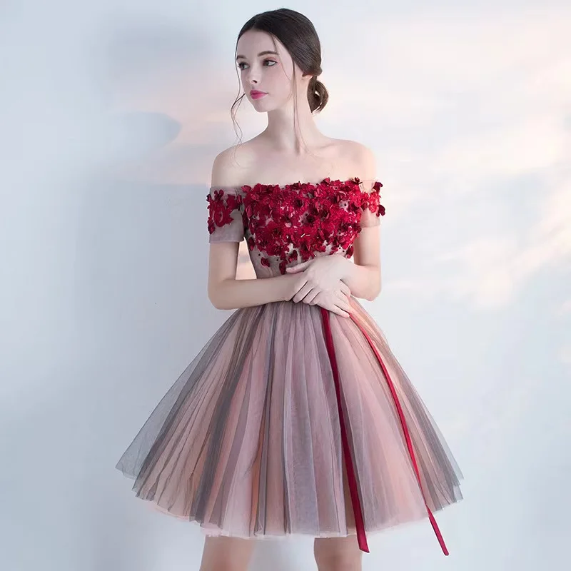 

N1155 Вечернее платье с вырезом лодочкой Короткие платья для выпускного вечера Sweet Memory Модные цветы длиной до колена Выпускное вечернее платье