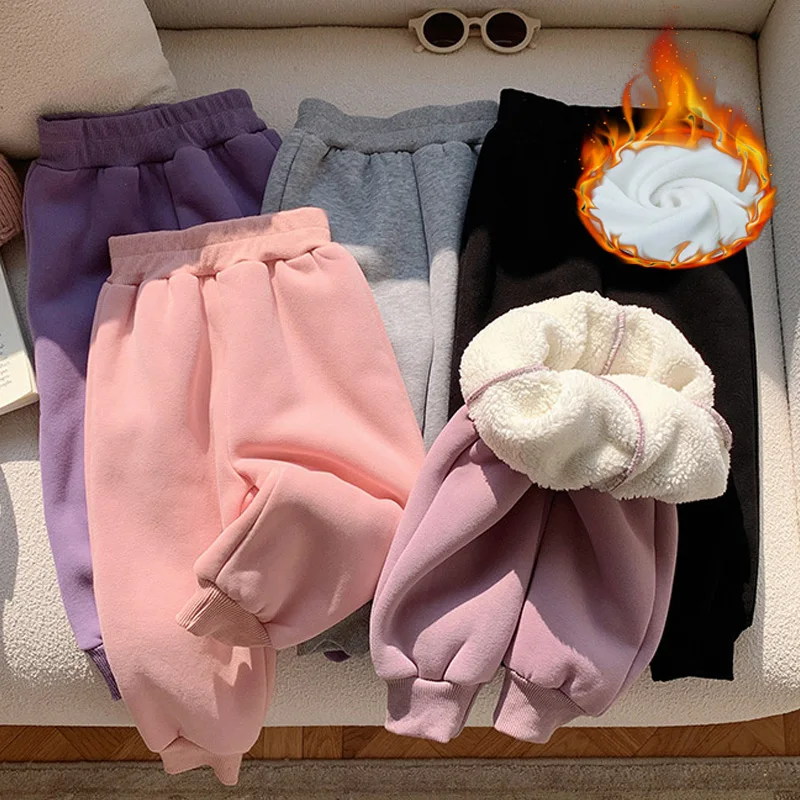 

Children Lambswool Pants Boys Girls Winter Plus Velvet Warm Trousers New Kids Thicken Sweatpants Teenager Fleece Sports Pants