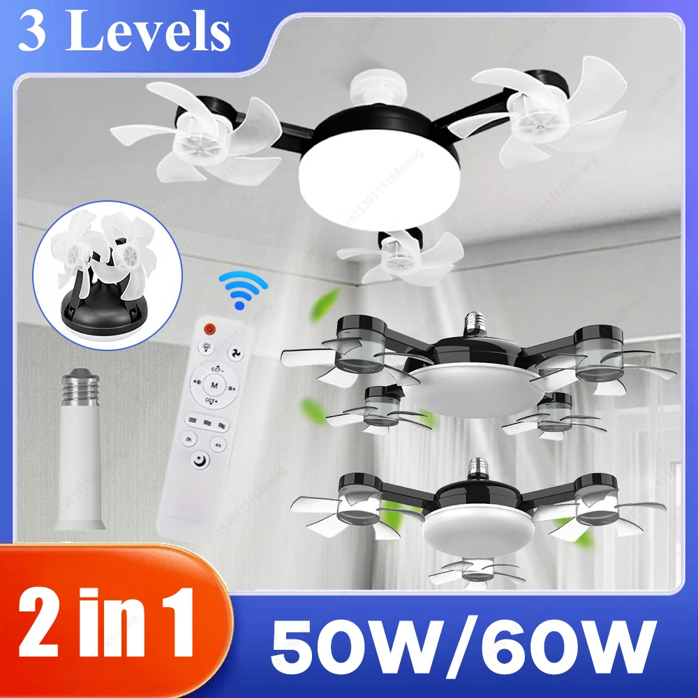 

2 In 1 Hanging Fan with LED Light E27 E26 Electric Cordless Fan Universal Dimming Drone Fan for Dining Room Bedroom Living Room