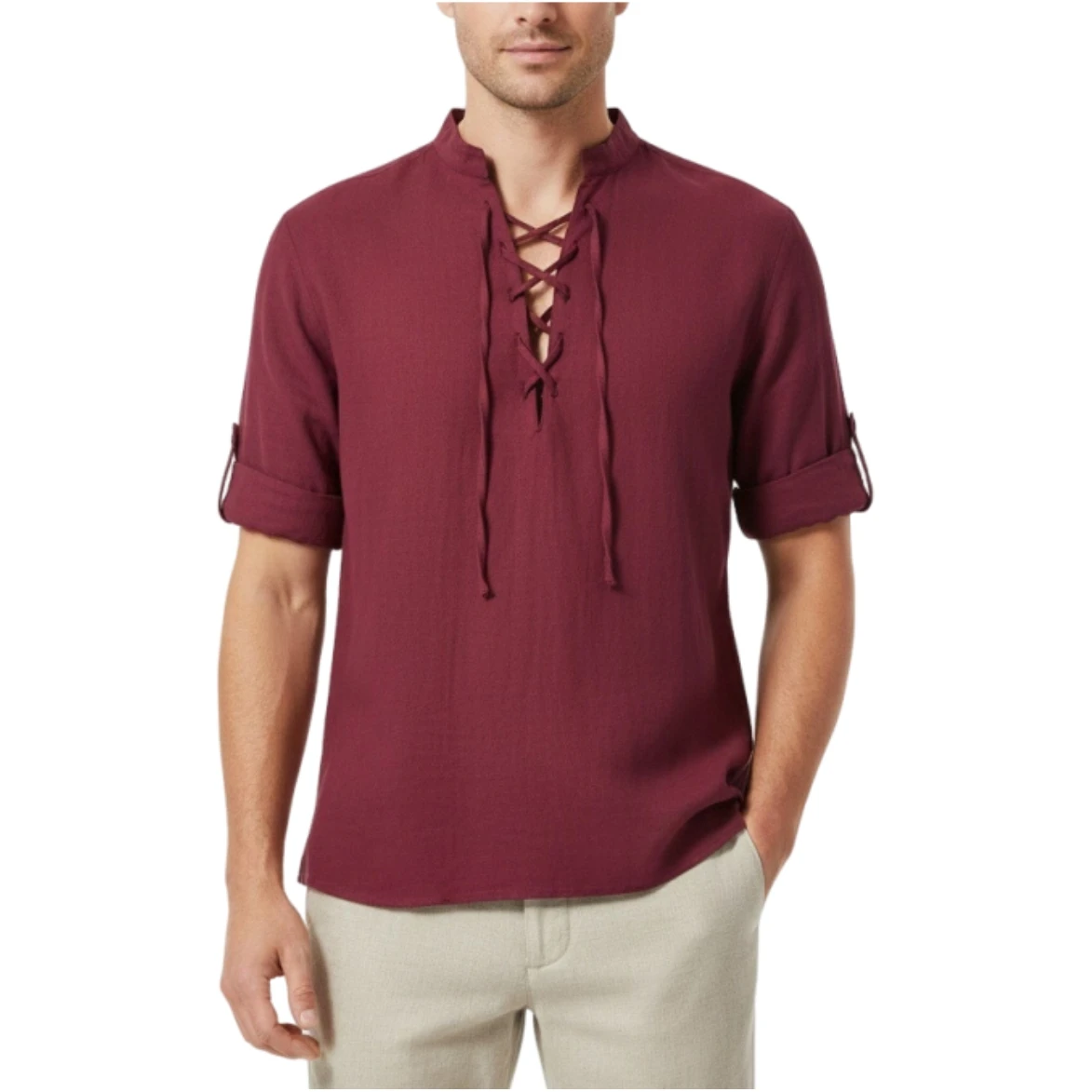 Camisa Masculina Retrô de Linho com Cadarço, Manga Longa, Gola Alta, Blusa Casual de Algodão e Linho, Estilo Medieval, Pirata, Viking, Renascentista, Cor Cáqui