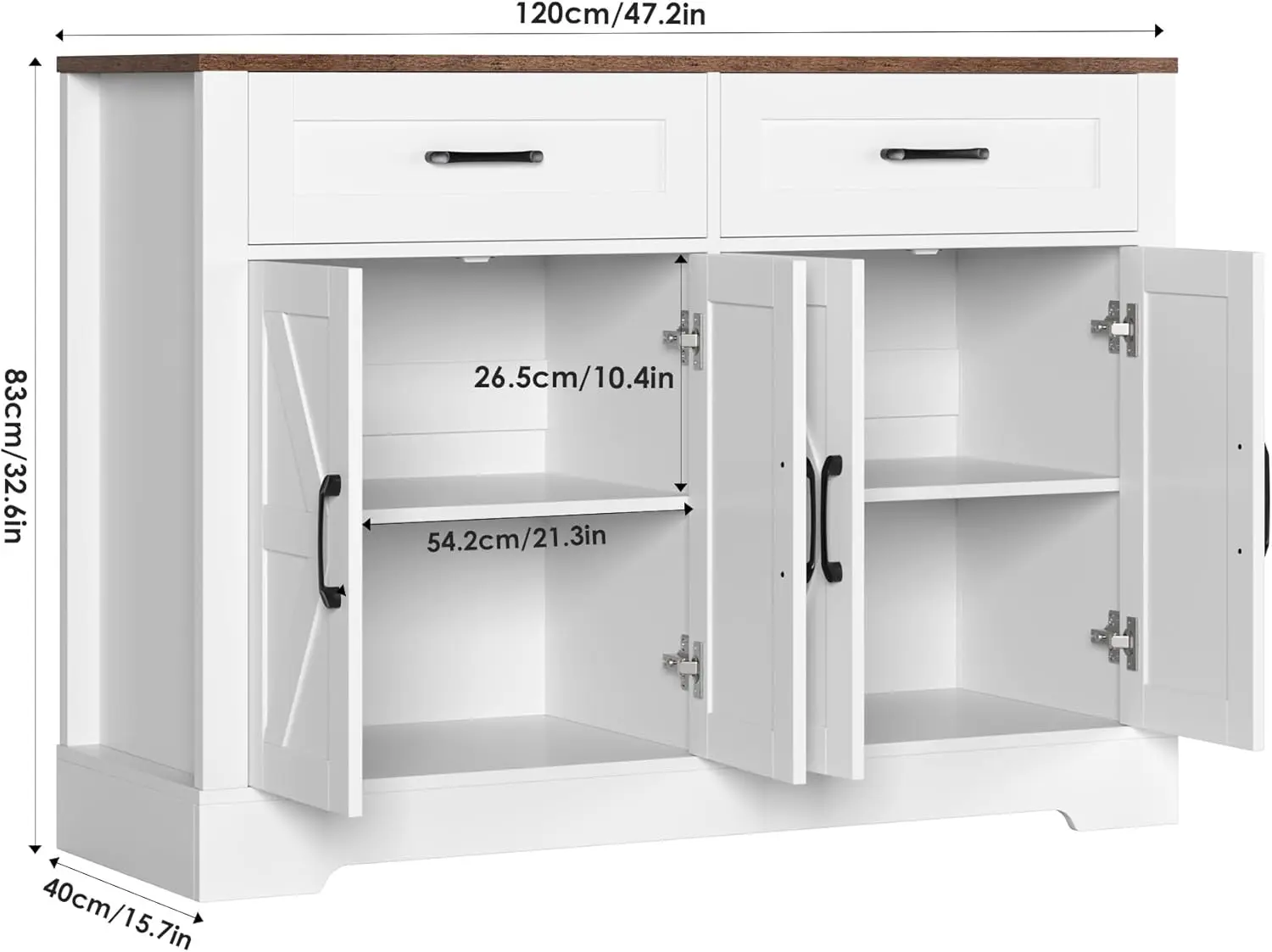 47.2' Farmhouse Buffet Cabinet with Drawers & Shelves, Rustic White Kitchen Sideboard for Living Room, Entryway