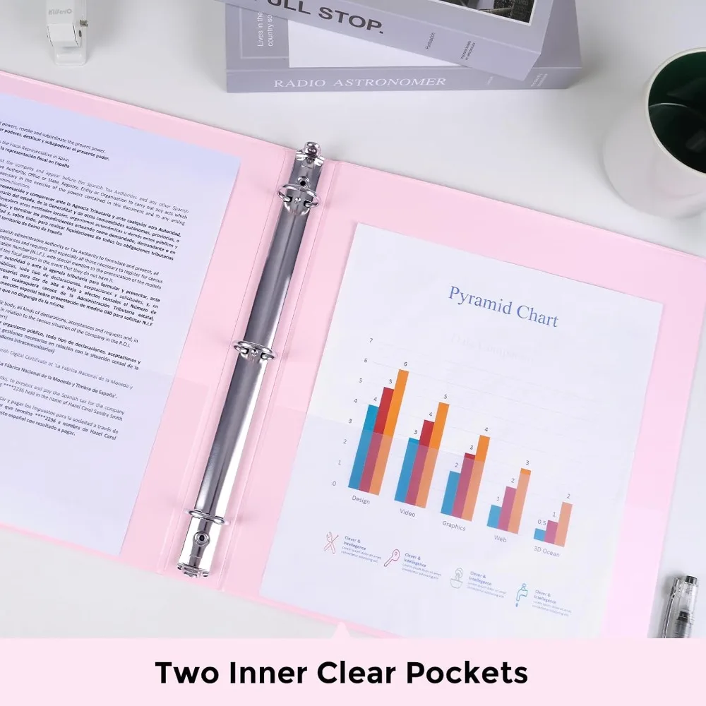 3 Ring Binder 2 Pack, 1 Inch Clear View Binders with 2 Interior Pockets, Round Ring Binder for Office & School Supplies, Pink and Purple view 5
