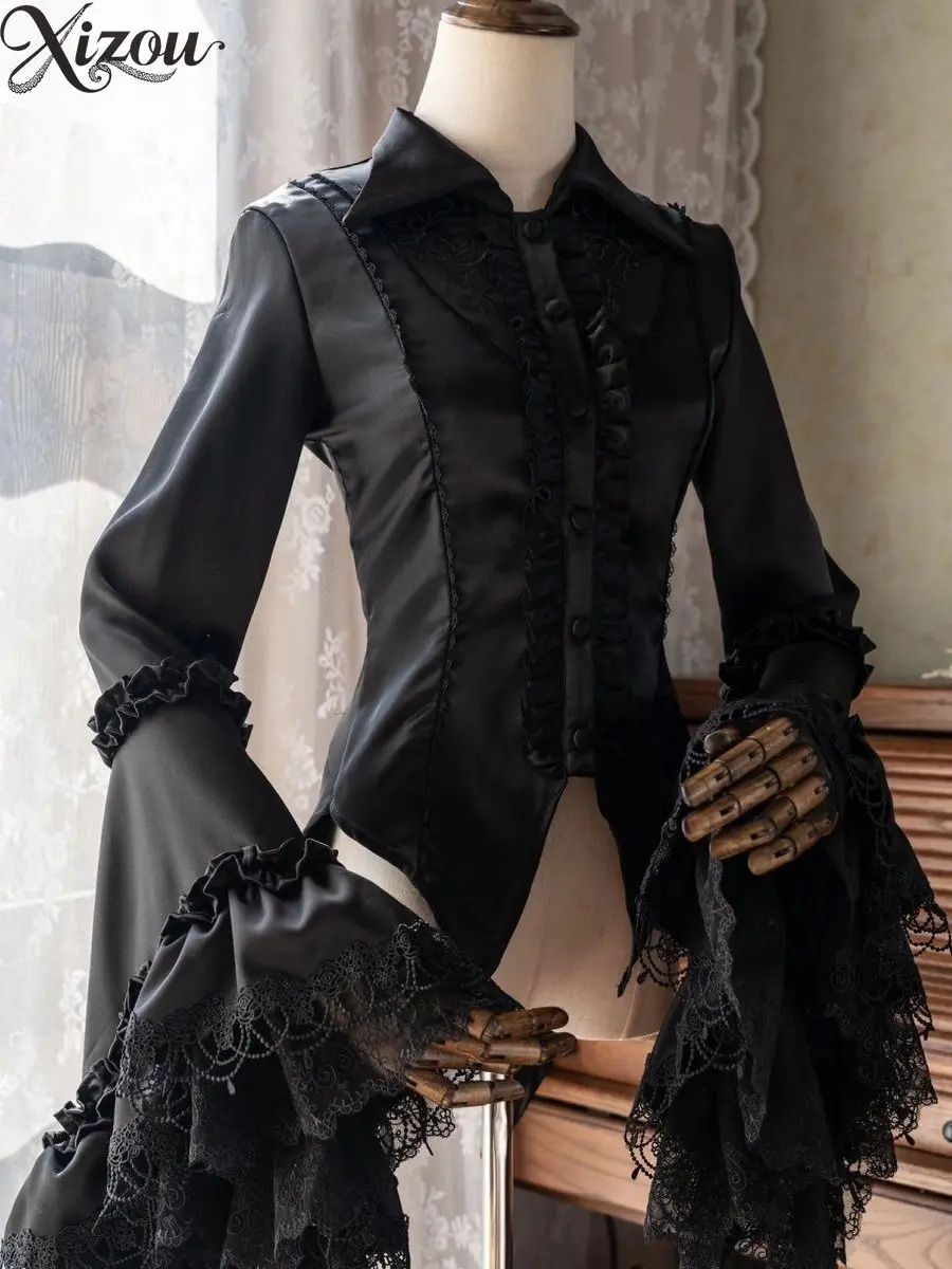

Lolita Top Vintage Gothic Court Style Long Sleeve Shirt with Tie Waist Casual Blouse Fashion Spring Autumn Womens Tops
