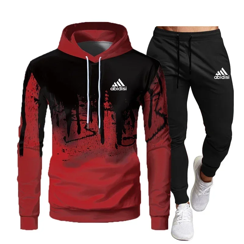 2024 Male foam 3D splash-ink hoodie and pants running 2-piece set, thick sportswear, Spring and Autumn, New fashion,