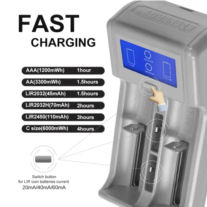 Smart Battery Charger AA/AAA/18490/18350/17670/17500 Quick Charging LIR2450/LIR2032 Coin Batteries Charger for Lithium/NiMH/NiCD