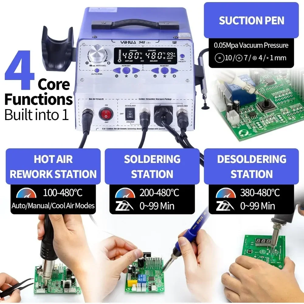 948-II 4 in 1 Hot Air Rework Soldering Iron and Desoldering Suction Tin  Station with Suction Pick Up Pen °F /°C, 650 watts