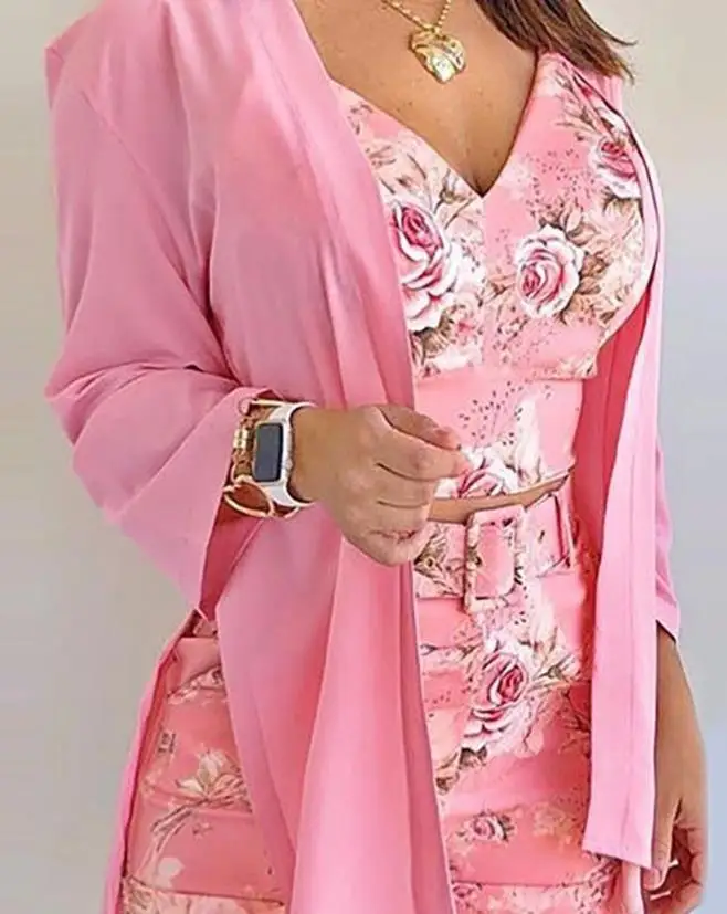 Women\'s Leisure Suit Set 2024 Summer Latest Fashion V-Neck Spaghetti Strap Floral Print Long sleeved Top&Shorts Set With Coat