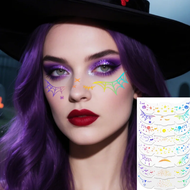 

Halloween Face Stickers Colorful Laser Freckle Makeup Decals Cute Adhesive Facial Cosmetic Decors DIY Festival Party Face Art