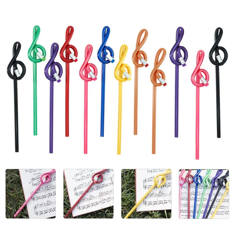 24Pcs Students Note Pencils Musical Note Pencils with Eraser Colorful Music Pencils Wooden Treble Clef Bent Pencil