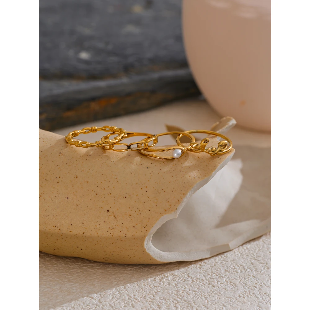 Yhpup Stainless Steel Natural Pearl Chain Geometric Stackable Thin Ring 18K Gold Color Minimalist Finger Jewelry Wholesale Gift