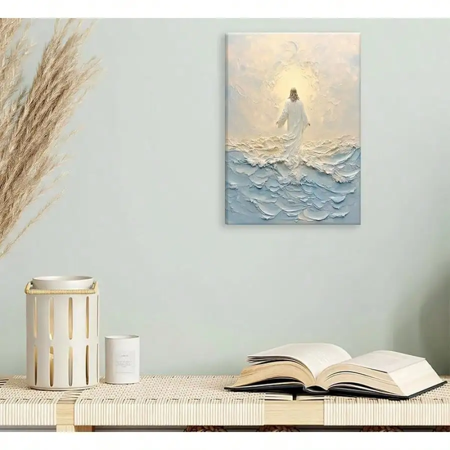 1Pc Wooden Frame Canvas Painting, The Canvas Wall Art Of Jesus Walking On Water, Christian Wall Decoration, 2D Flat Canvas Wall Art, Bedroom, Office, Living Room, Coffee Shop, Bar, Wall Decoration, Halloween, Christmas Gifts