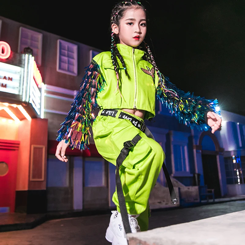 Children Street Dancing Stage Performance Wear Hip Hop Dance Costumes Fluorescent Green Tassel Coat Girls Jazz Clothing