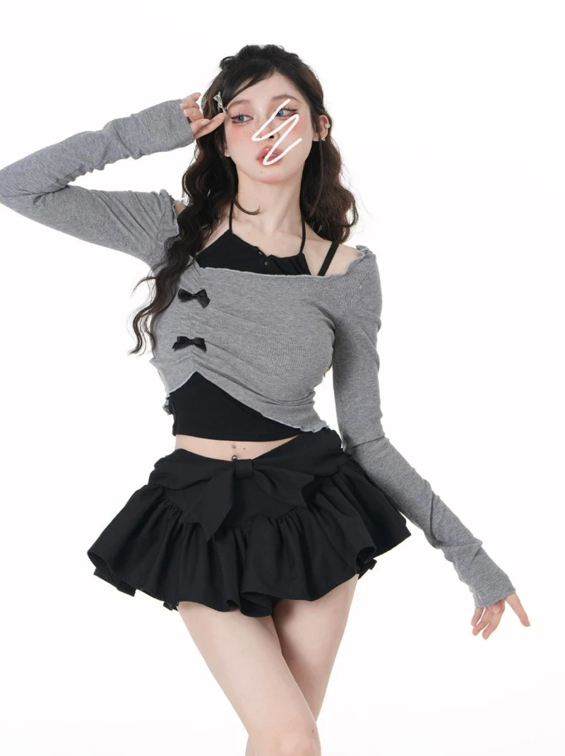 Y2K Grey Two Piece Set Spicy Girl Top Slim Sexy Hotsweet Women Short Shirt Off Shoulder Long Sleeved T-shirt Hanging Neck Bow