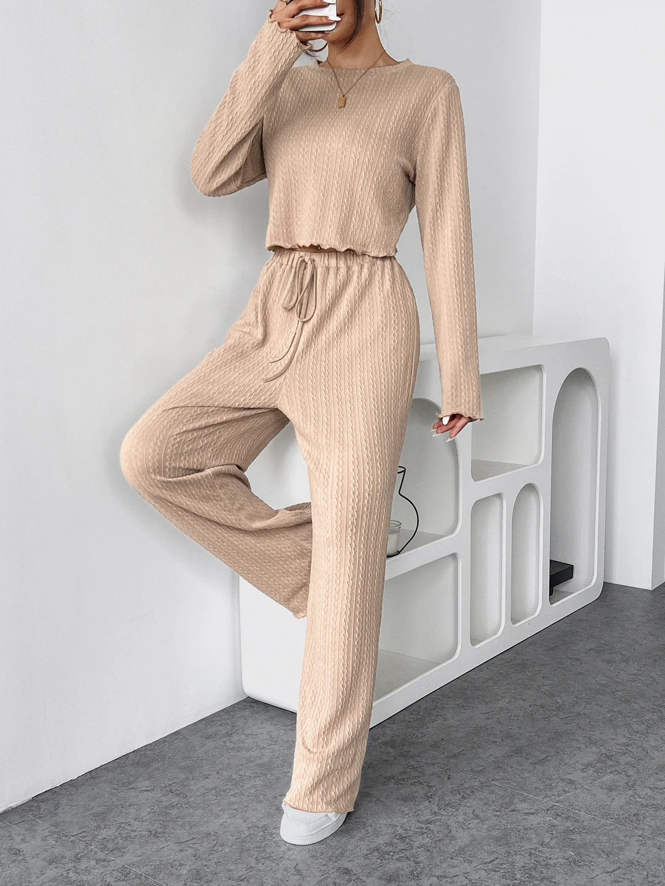 

Autumn Women 2 Piece Sets Long Sleeve Top And Temperament Casual Long pant Winter Solid Yoga Suits Drawstring wide leg Pants Set