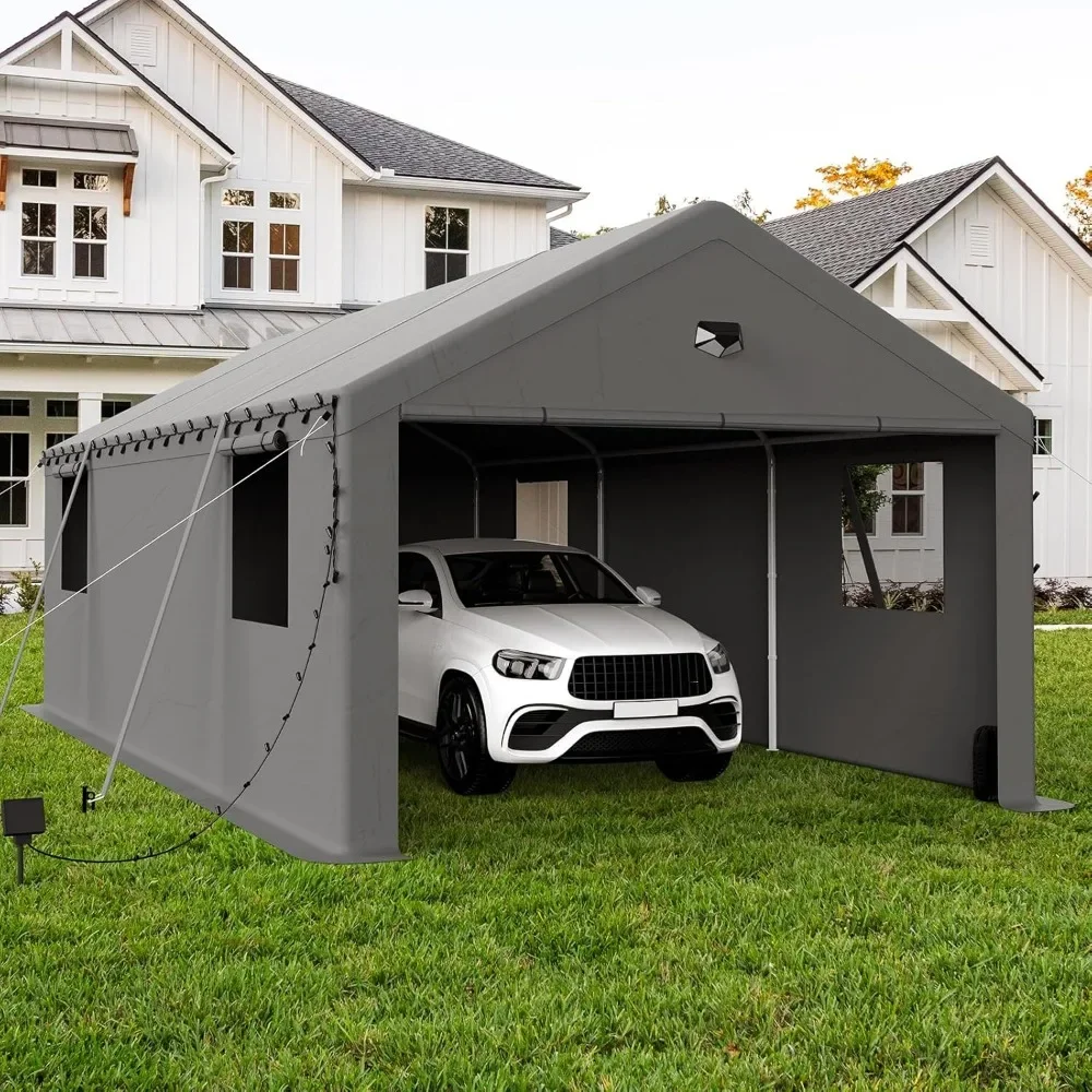 

13x25 Carport, сверхмощный гаражный навес Carport со съемными боковыми стенками и сквозными свернутыми дверцами на молнии, серый