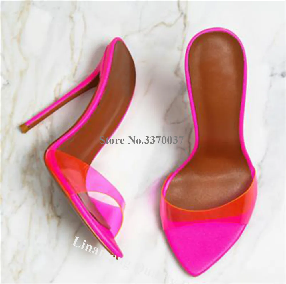 Patchwork Stiletto Heel Slippers Linamong Newest Pointed Open Toe One Strap Thin Heel Slip-on Sandals Sexy Big Size Dress Heels