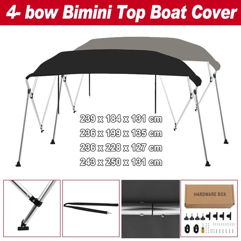 Aluminum 4 Bow Bimini Top Boat Canopy 600D Polyester with PU Coating Stainless Steel Clip  Bimini Top for Folding Canopy Boat