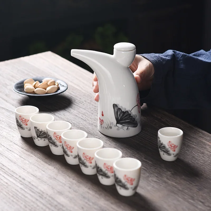 

Japanese Ceramic Bar Sets One Pot Eight Cups Wine Dispenser Chinese Baijiu Soju Shot Glass Hip Flask Barware Kitchen Accessories