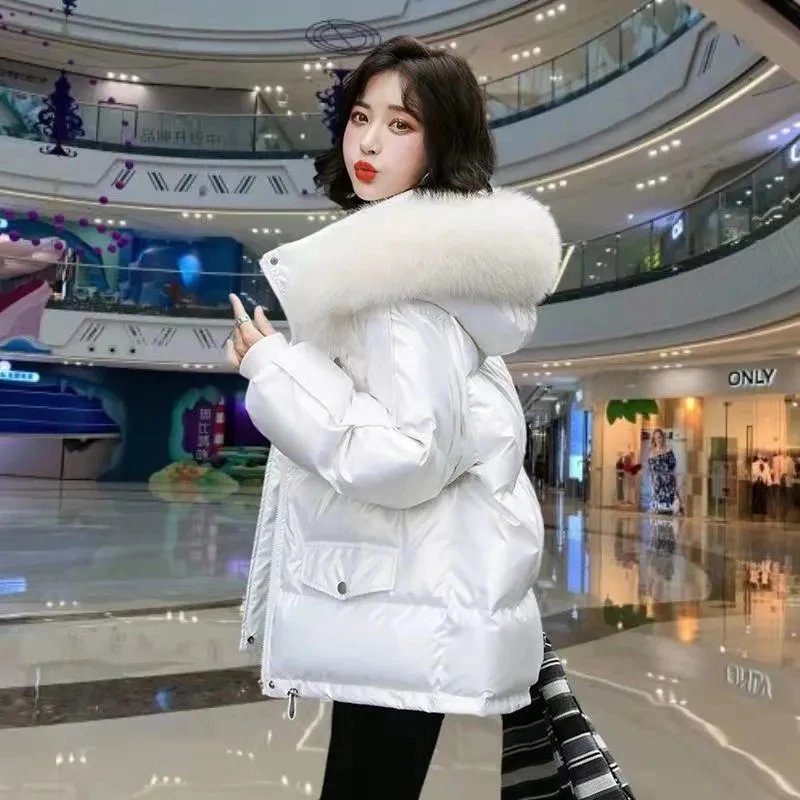 Short Down Cotton-Padded Jacket Women\'s Overcoat 2025 New Autumn Winter Leisure Glossy Loose Hooded Thicken Warm Parker Coat