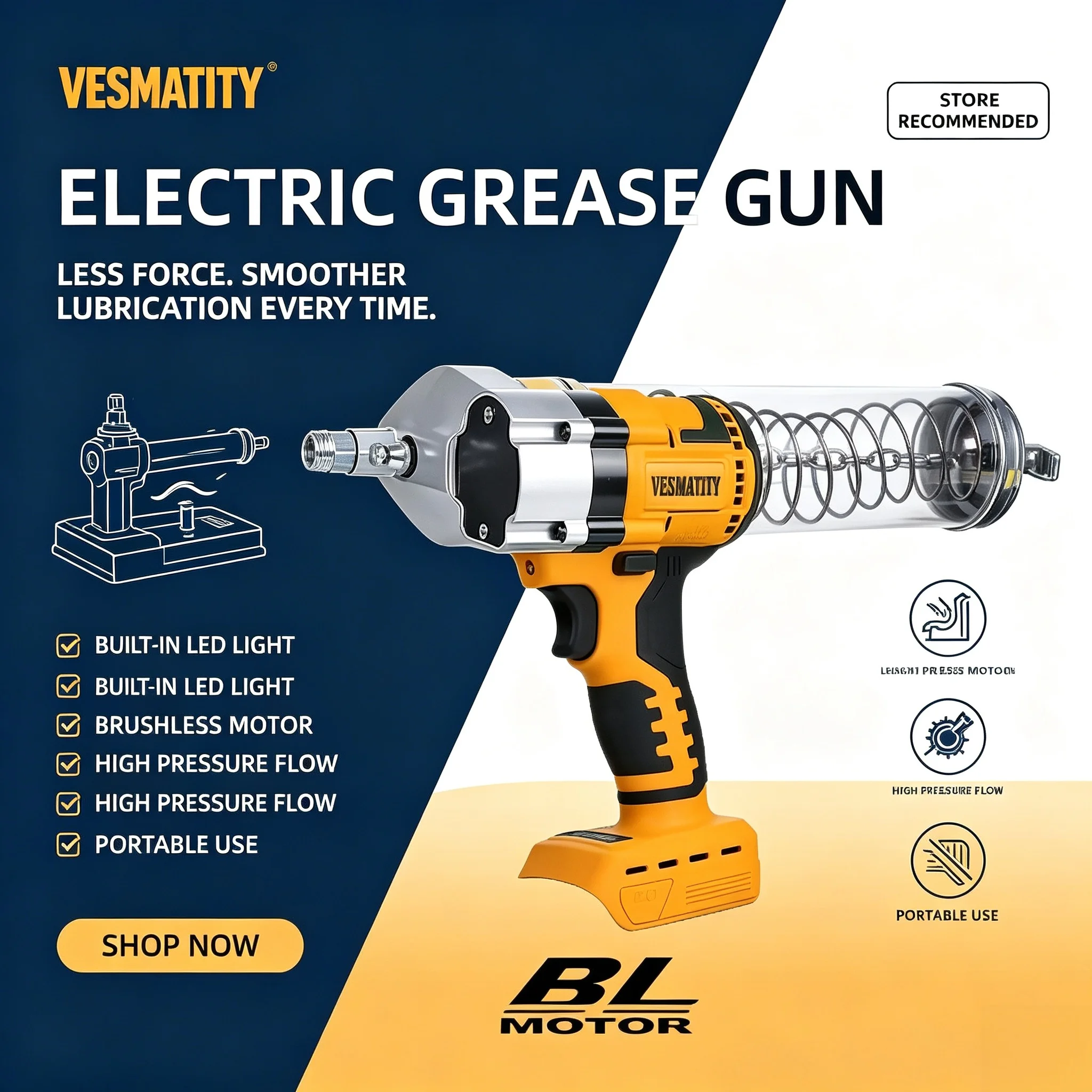 VESMATITY Brushless Electric Grease Gun High-Pressure Fully Automatic Oil Injector Fat Machine For Milwaukee 18V Battery