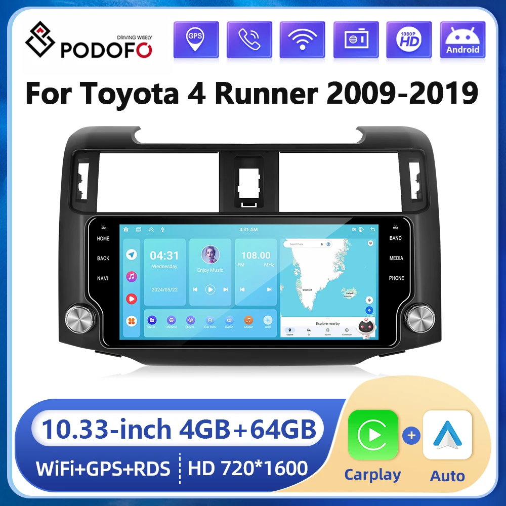 

Podofo 10.33inch Android Car Stereo Radio For Toyota 4Runner 2009-2019 4+64G Car Multimedia Player Carplay autoradio AI Voice