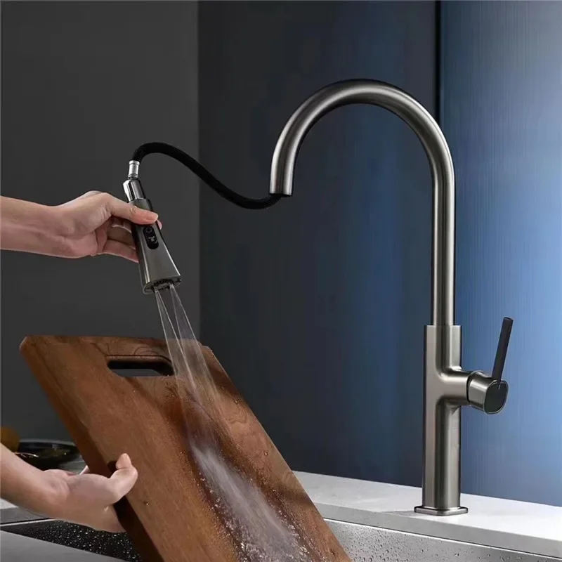 Grey Pull Out Kitchen Faucet Brushed Gold Sink Faucet Mixer Tap 360 Degree Rotation Torneira Cozinha Mixer Taps Kitchen Tap