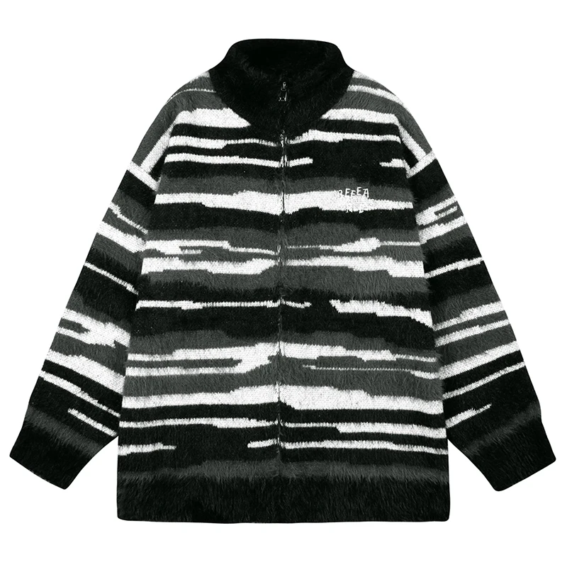 

Men's Fuzzy Zip Up Cardigan High Neck Warm Winter Jackets Striped Pattern Soft Knitted Sweater Outerwear Streetwear Clothing