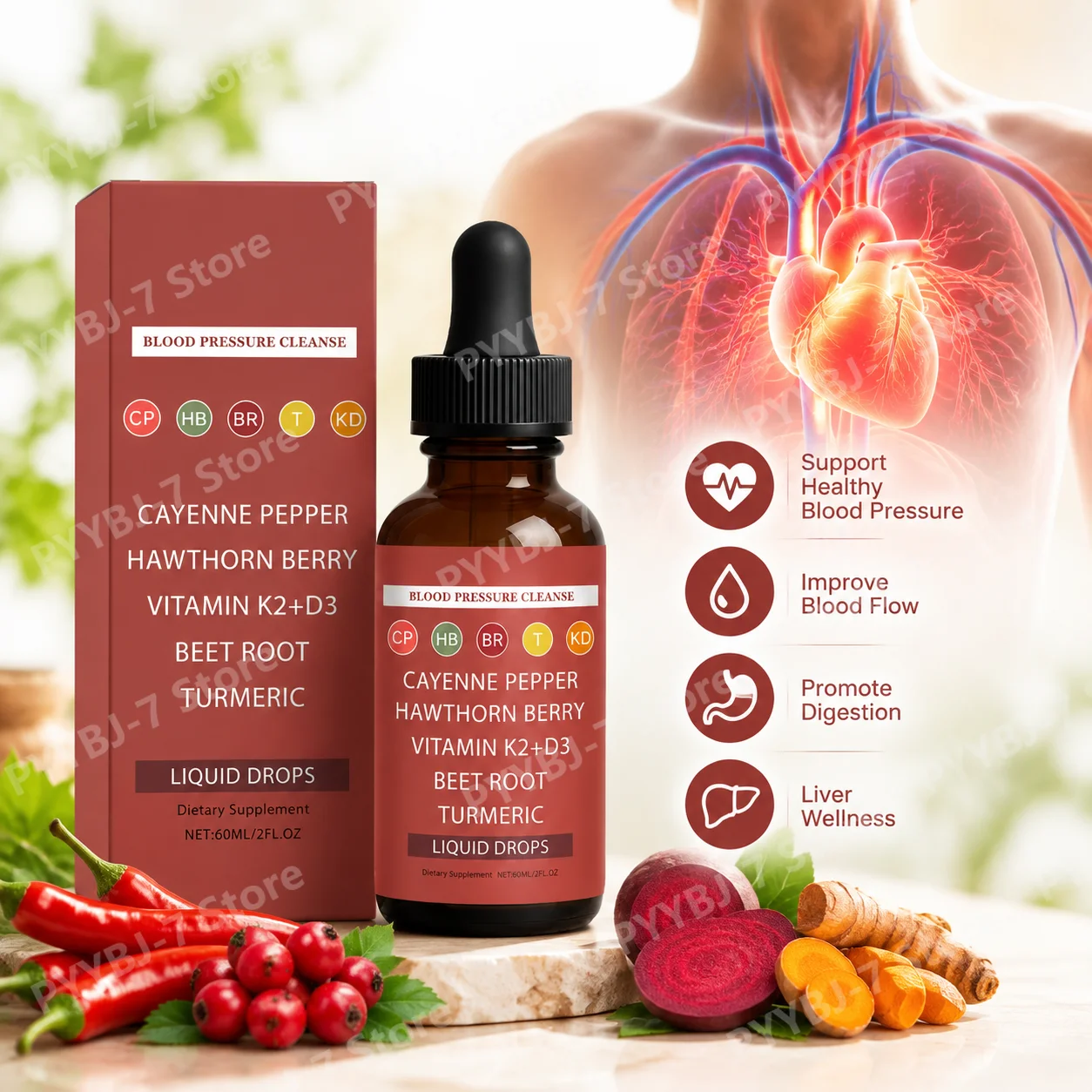 Blood Pressure Cleanse Liquid Drops Optimize Blood Flow Cayenne Pepper Hawthorn Berry Promote Digestion Liver Wellness 60ml