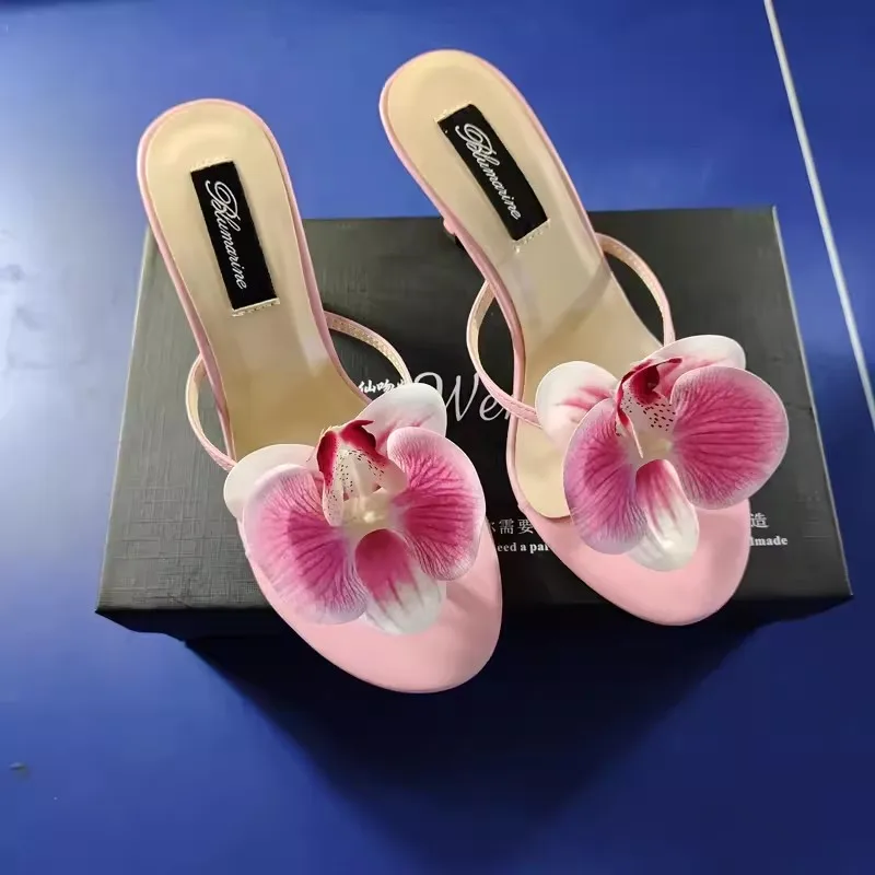 Round Toe Thin Heel Orchid Decor Flipflops for Women Summer Outside Hight Heels Slingback Pumps Ladies Flip-Toe Slippers Sandals