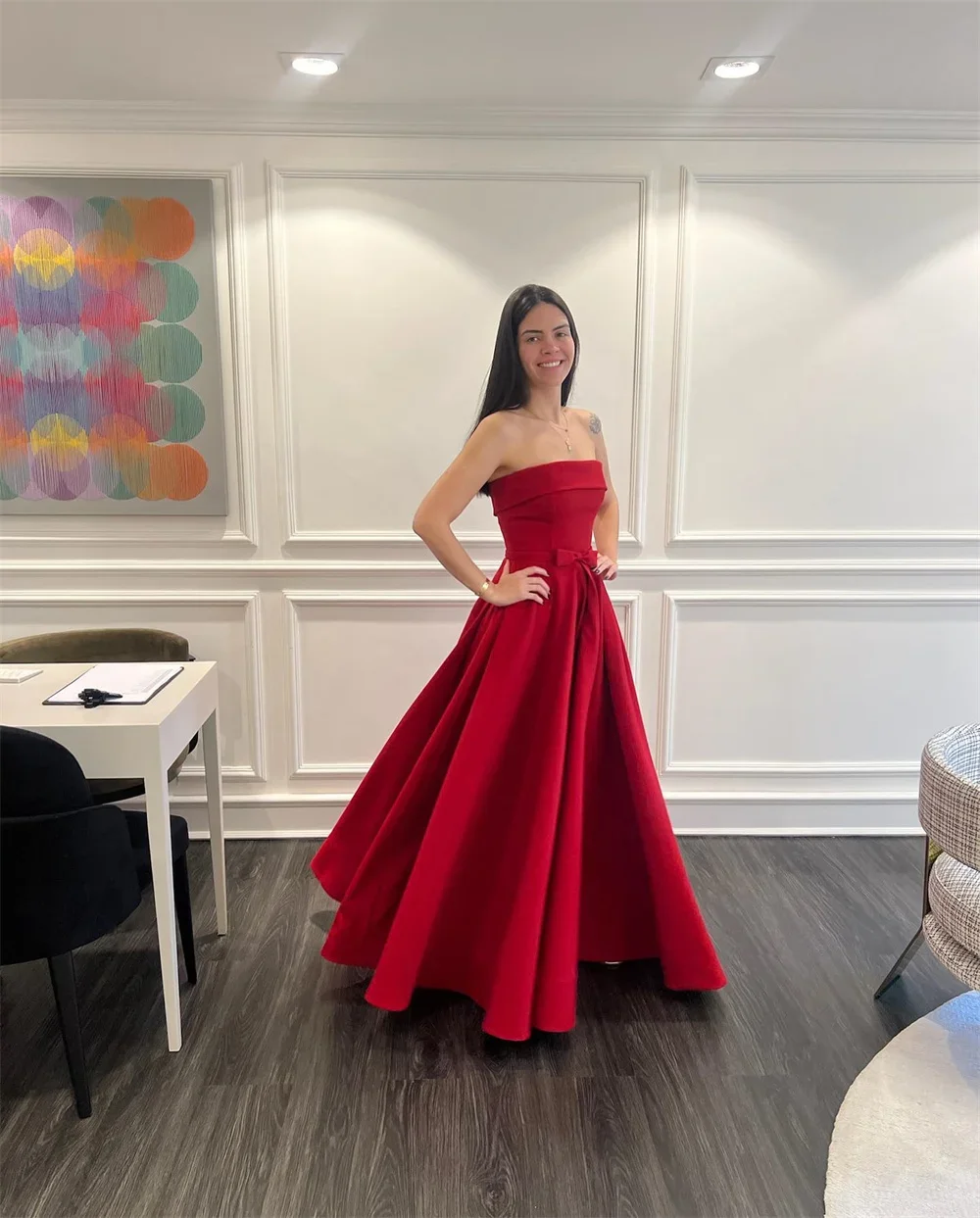 Robe de bal trapèze rouge sans bretelles, bretelles avec nœud, robe de soirée personnalisée en Satin, robes de soirée 2025