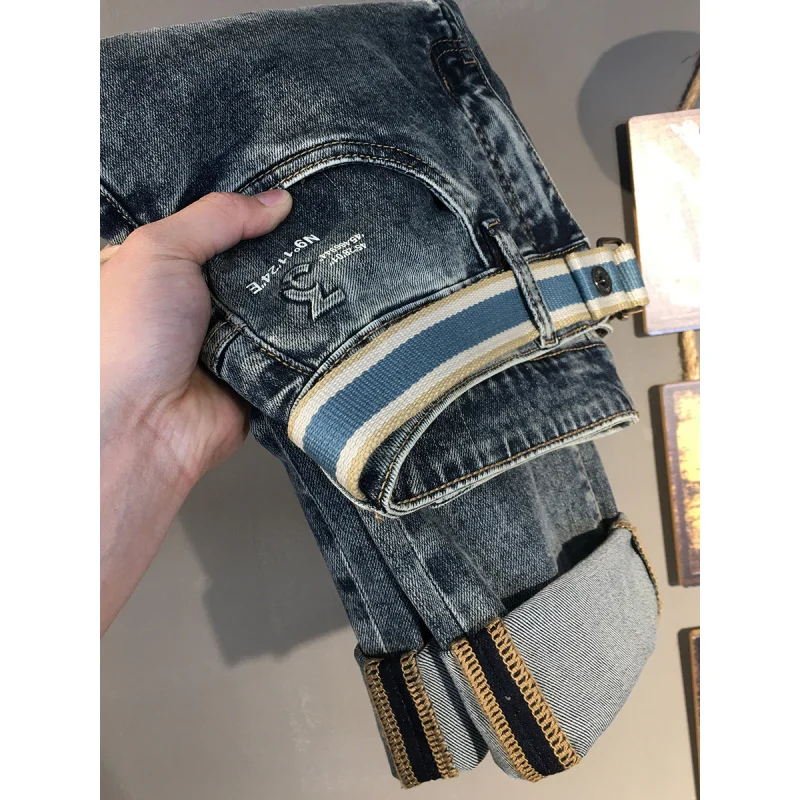 

2025 spring/summer new denim style men's simple and versatile lightweight and high-end printed slim fit pants with small feet