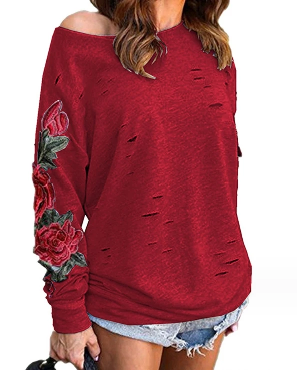 Flower print sleeves, casual solid color women's hoodie, autumn and winter thin long sleeves, round neck or slanted neck