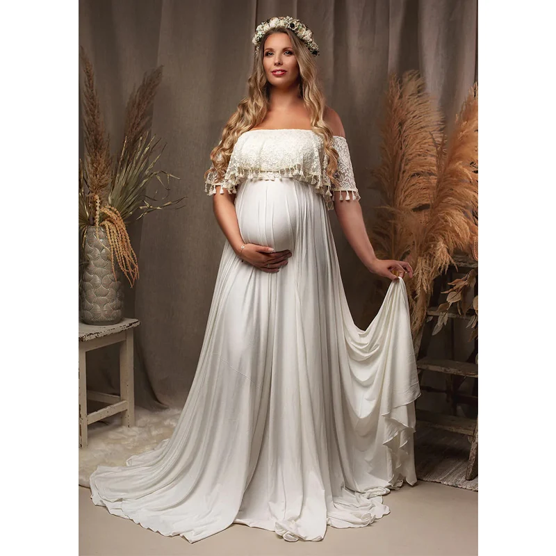 Embroidered Lace Bohemian Maternity Maxi Dress Sheer Lace Details for Pregnant Women's Wedding Photography Dress