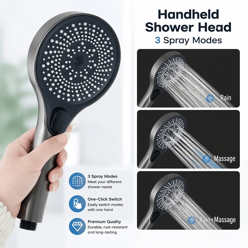 Bathroom Portable Shower Accessory Large Screen 3 Mode Shower Head High Pressure Boost Water Flow G1/2 Standard Connector