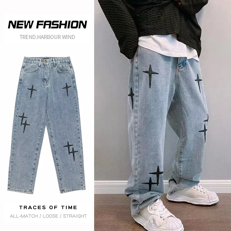 

Fashion Prints Men's Jeans Blue New Streetwear Baggy Straight Trendy Denim Trousers Korean Drapes Casual Loose Wide Leg Pants