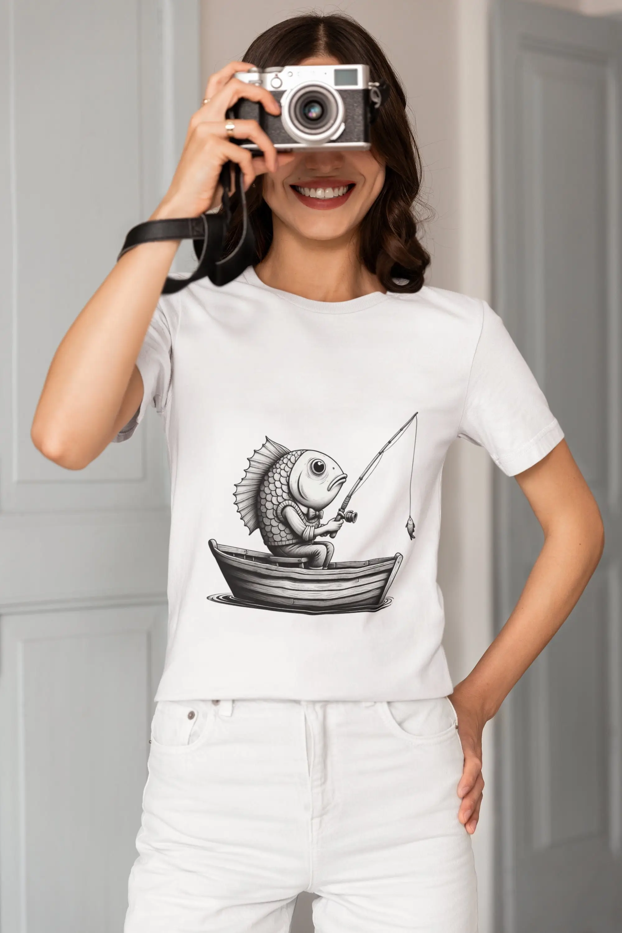 Whimsical Fisherman Fish T Shirt Artistic Black and White Fishing Top Casual Cool Novelty Unique for Lovers