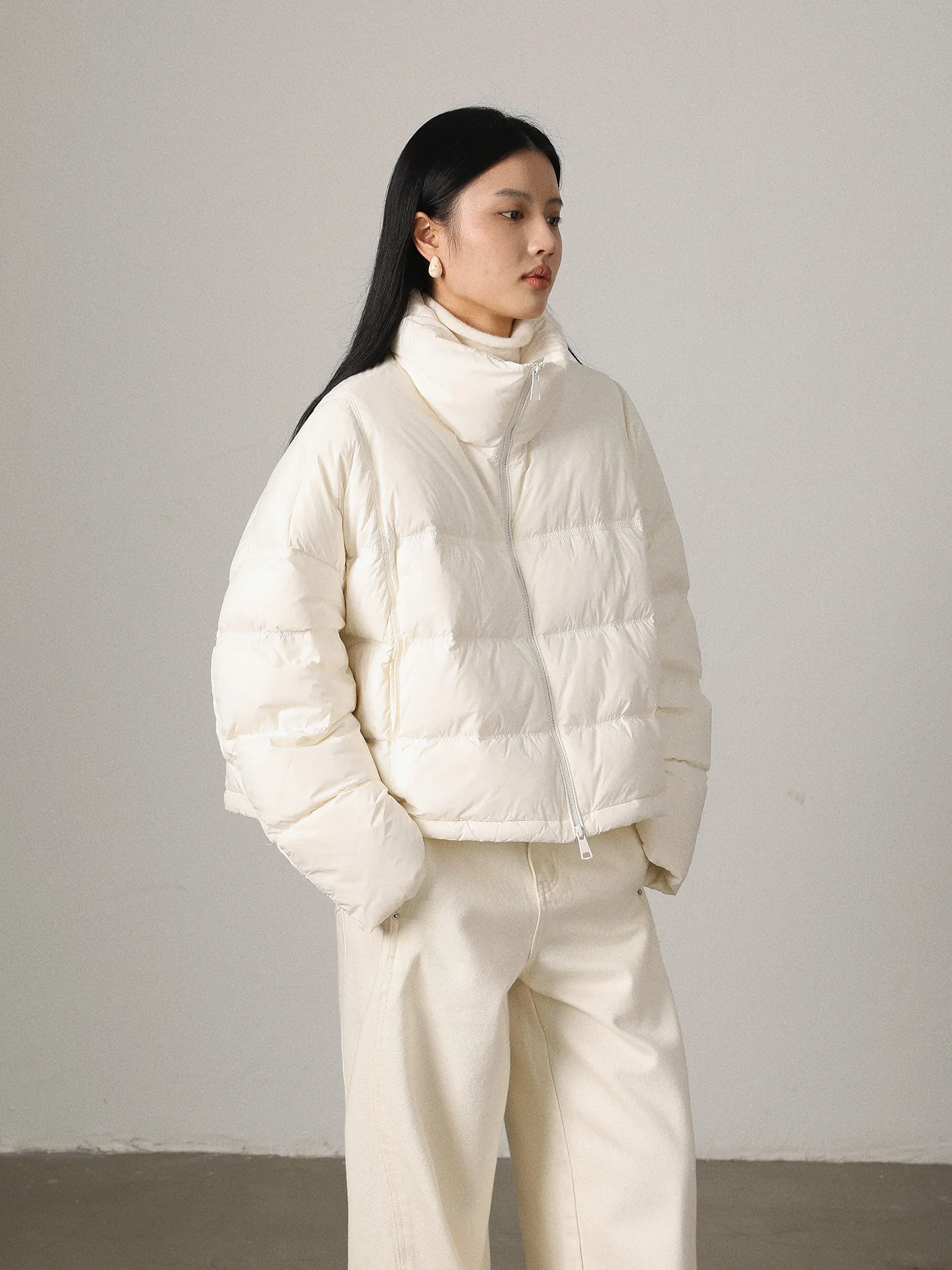 

Vimore White Goose down ort Puffer Jaet Loose Fit Warm Stand Collar Outerwear Women's Casual Winter Coat Nylon Fabric