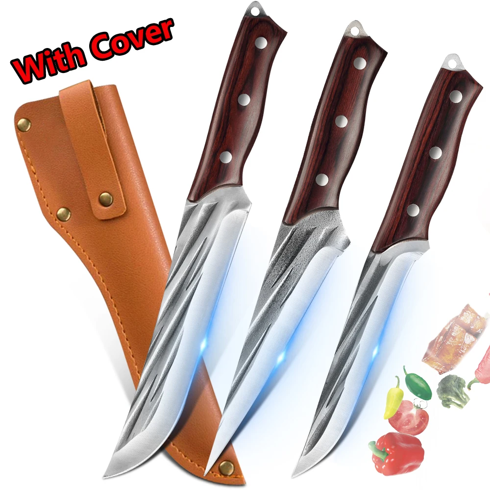 3pcs/set Forged Chef Knife 5Cr15Mov Stainless Steel Kitchen Boning Knife Meat Cutting Bone Purple Wood Handle with Cover