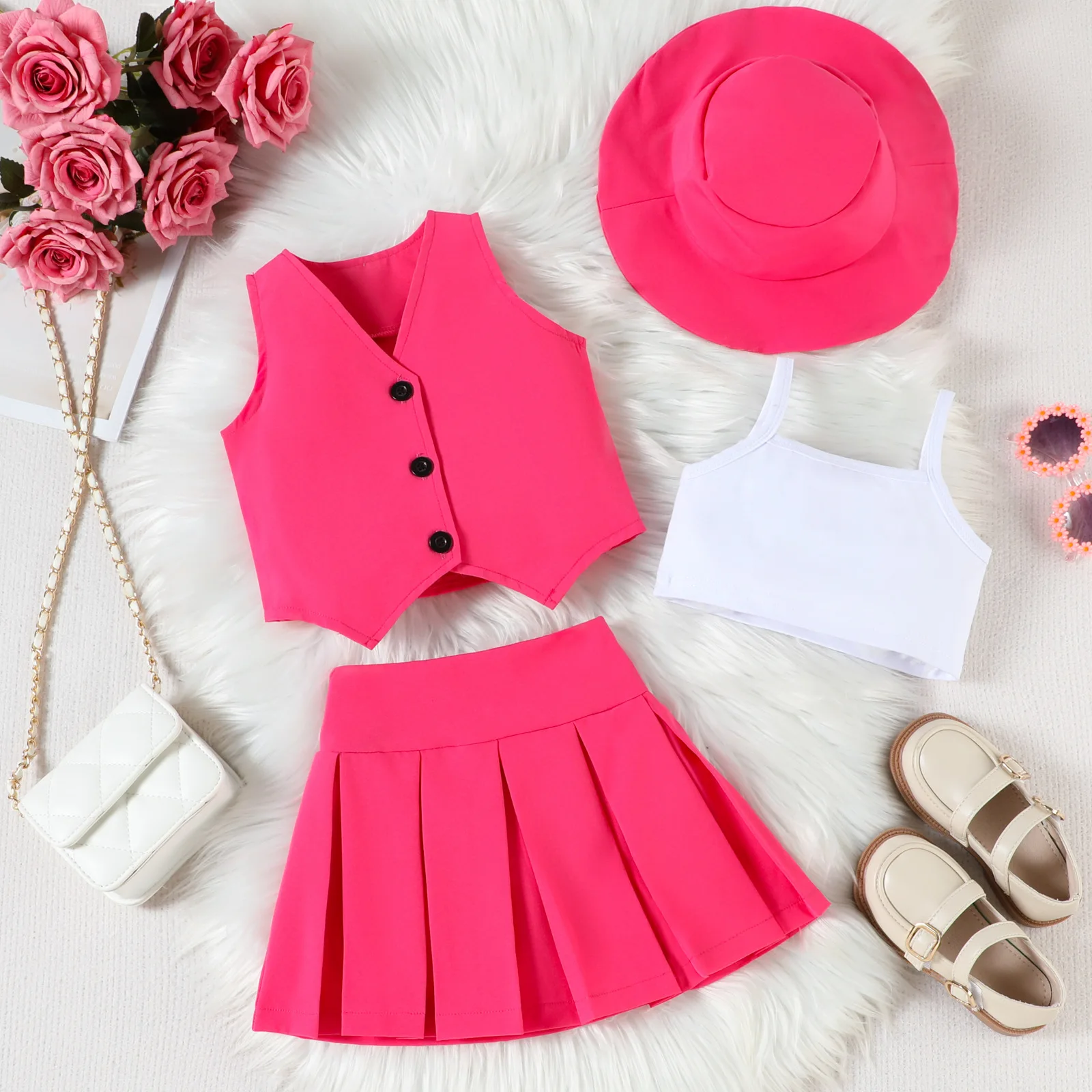 Summer Kids Clothes Girls' Trendy stuff Vacation Inner Wear With Suspenders Vest and Pleated Skirt With Hat 4 Pcs Set Clothing