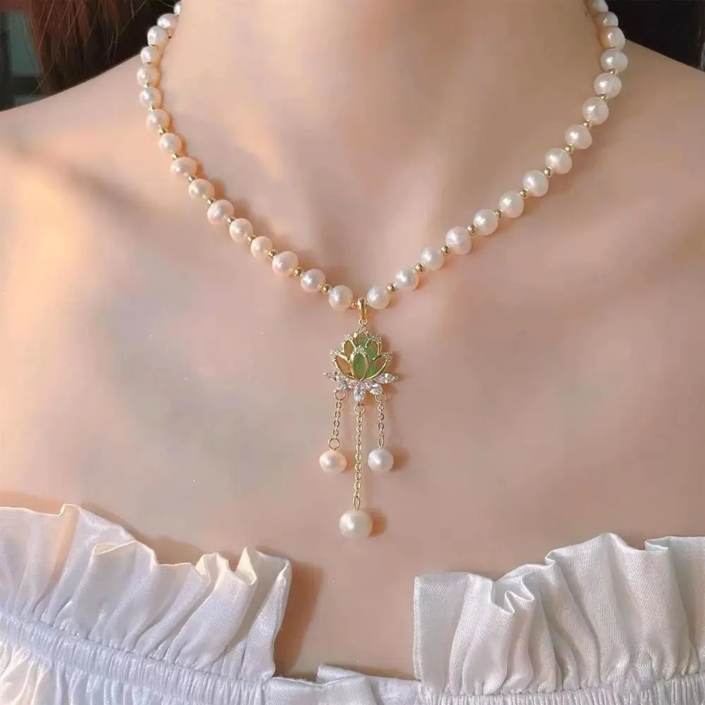 

Sweet Y2k Necklace Alloy Pearls Fashion Accessories Bead Korean Style Necklace Lotus Shape Crystal Pendant Women's Necklace