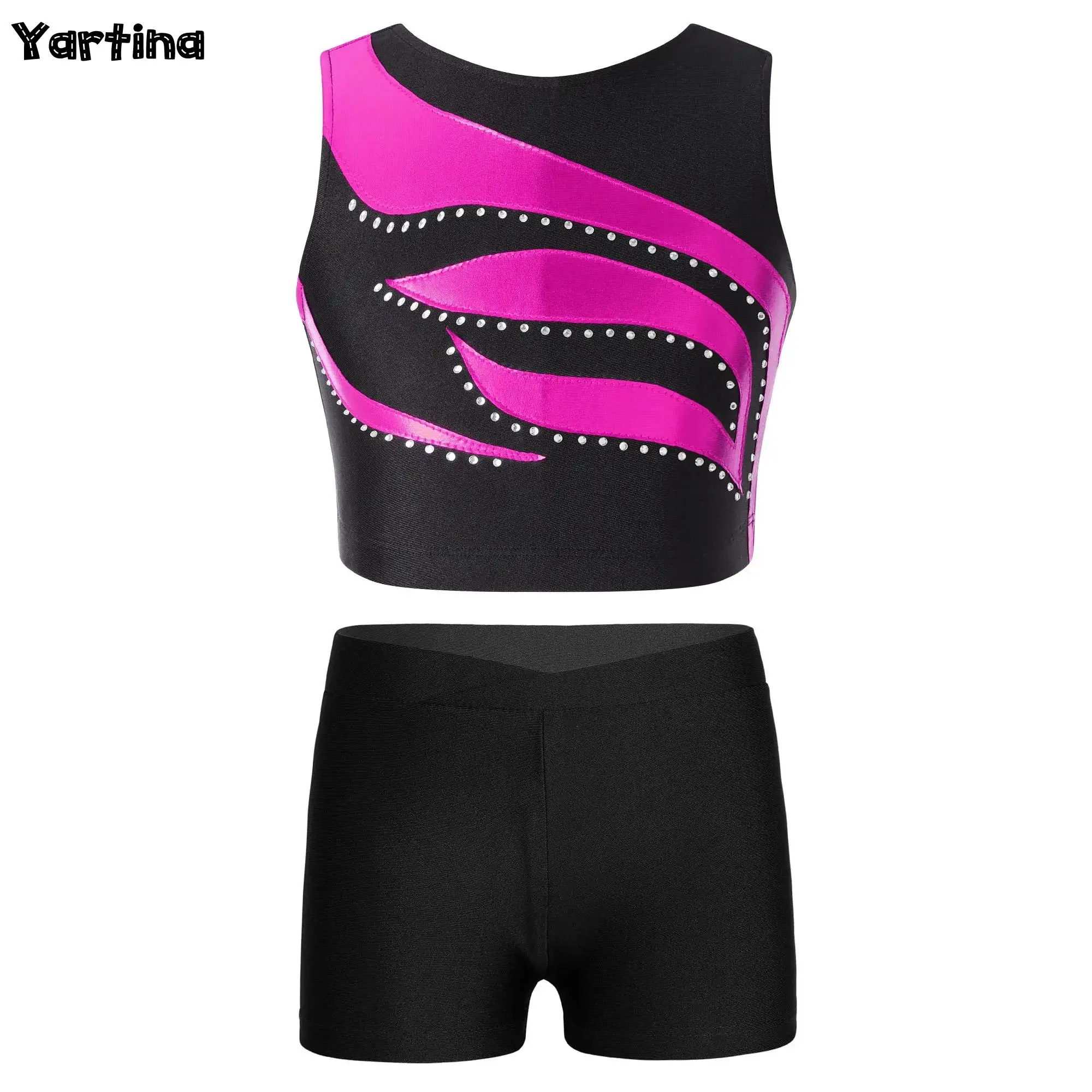 

Kids Girls Gymnastic Ballet Leotards Costumes Round Neckline Shiny Rhinestones Crop Top with V-front Waistband Shorts Dancewear