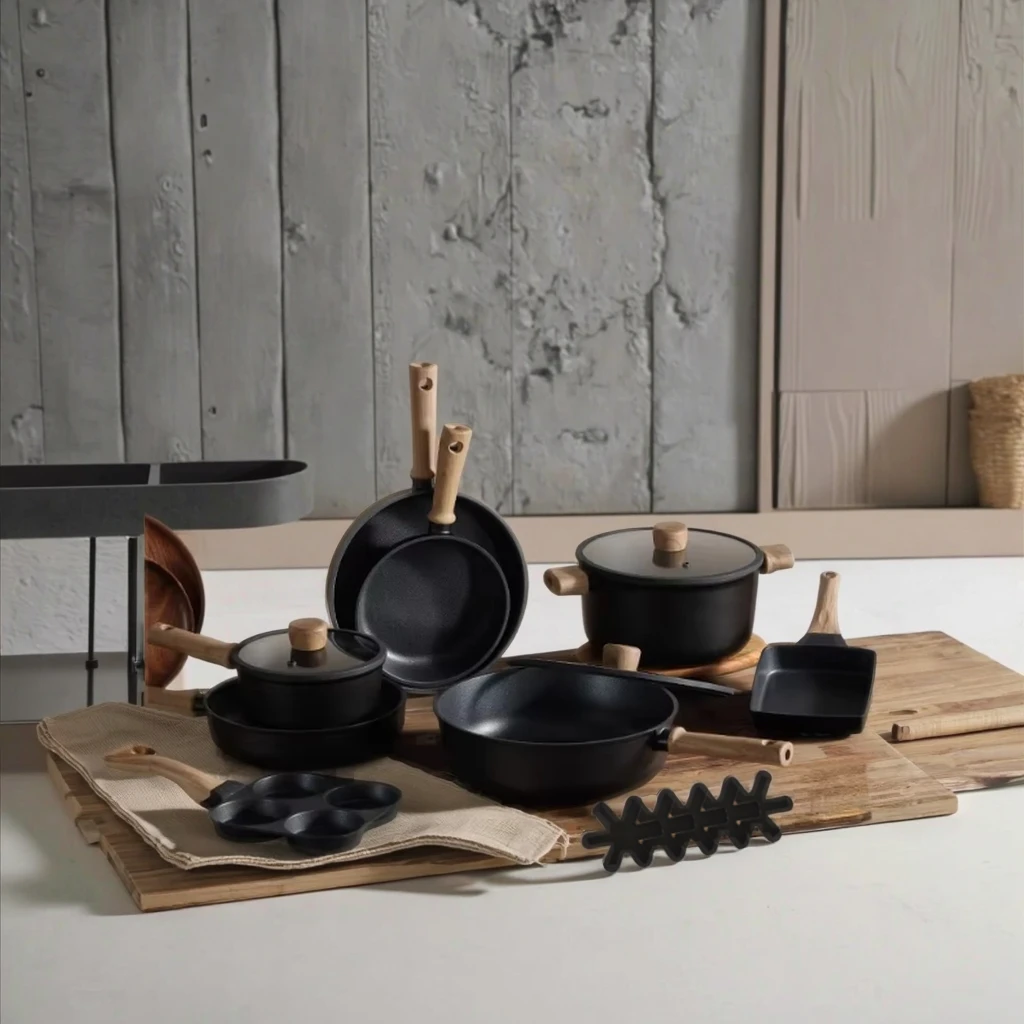 18pcs Cast Aluminum Cookware Set Nonstick with Saucepan Casserole Frypan Deep Fry Pan Cake Pan Tools