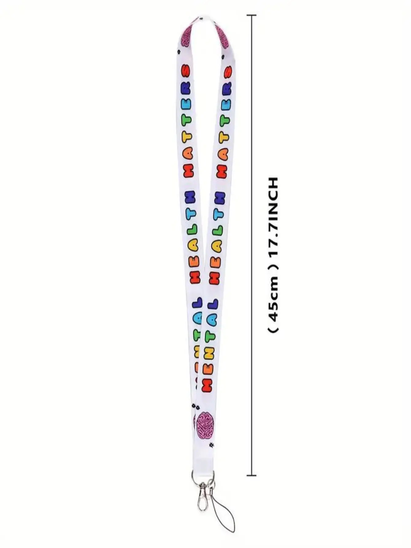 Portachiavi con cordino per la consapevolezza della salute mentale - Design colorato del cervello dei cartoni animati, con la parola "Mentale"
