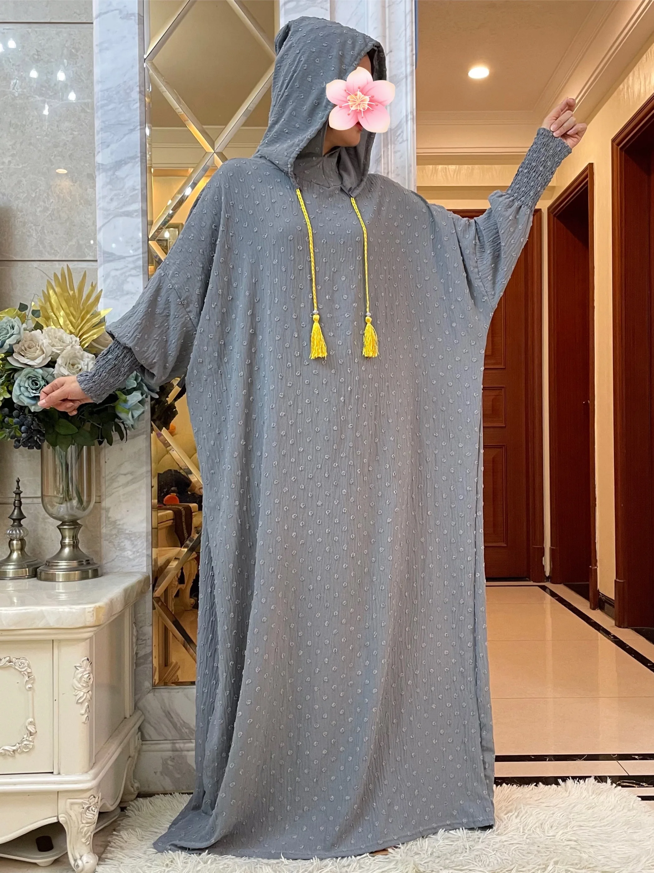 New Ramadan Muslim Two Hats Abaya Dubai Turkey Islam Prayer Clothes Cotton Jacquard Fabric  Dresses Islam Women Dress Kaftan