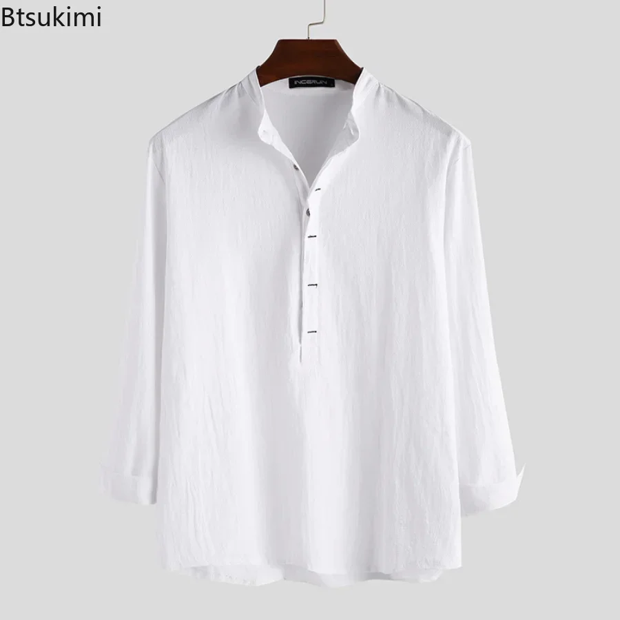 2025Men's Casual Cotton Linen Shirts Solid White Long Sleeve Loose Shirt Slim Pullover Fashion Handsome Boy Shirts Tops Clothing