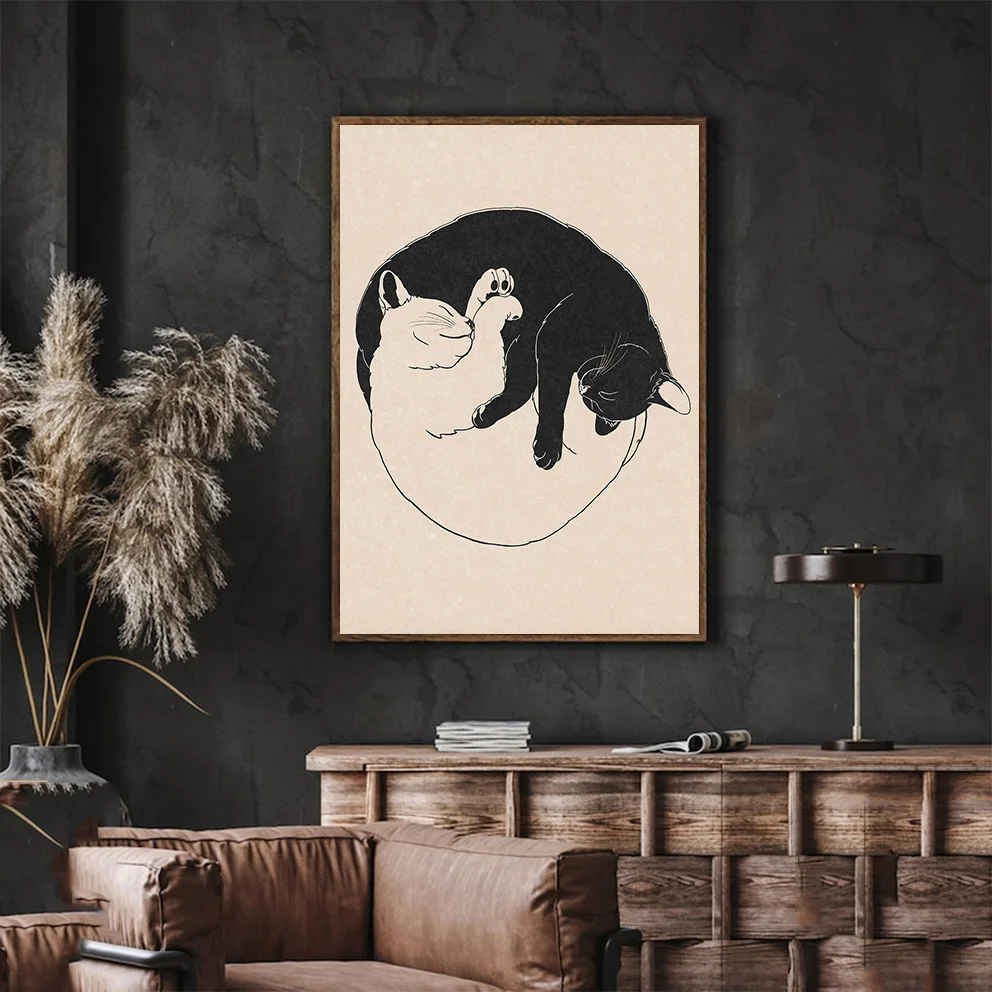 

1pc Noframed Bohemian Art Deco Yin Yang Cats Wall Art,Vintage Linocut Inspired Minimalist Ink Print Poster for Living Room Decor