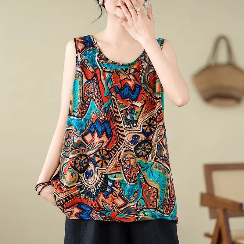 2024 Summer Women Vintage Fashion Floral Print Ethnic Style Sleeveless Vest Casual O Neck Oversized Cotton Linen Tunic Tank Tops