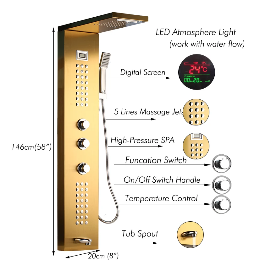 KEMAIDI Shower Panel Tower System Rainfall Waterfall Shower Head 3-Function Faucet Mixer Rain Massage System with Body Jets