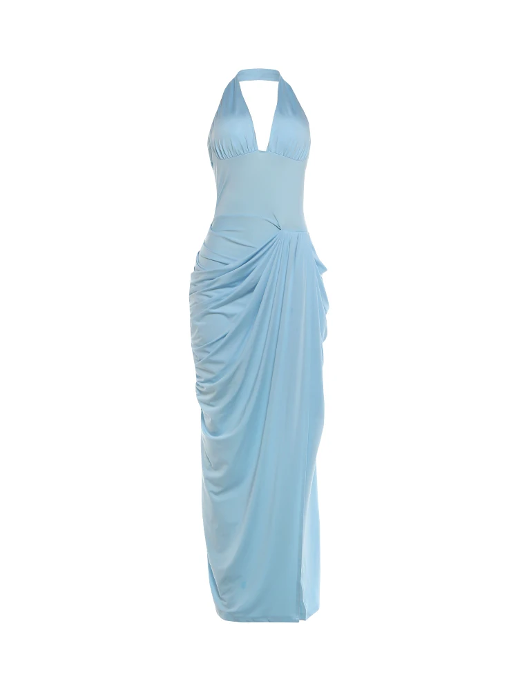 Nibber Elegantes Rückenfreies Kleid für Bankette und Partys, Sexy Mode mit Neckholder, Tiefem V-Ausschnitt, Gerafftem Patchwork und Hohem Schlitz, Schlichtes Bodycon-Kleid – Detail 2