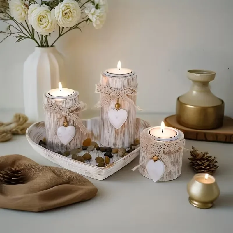 4pcs Wooden Candle Holder Set with Heart-Shaped Trays Rustic Farmhouse Decor Valentine's Day Gift Candle Home Table Decorations